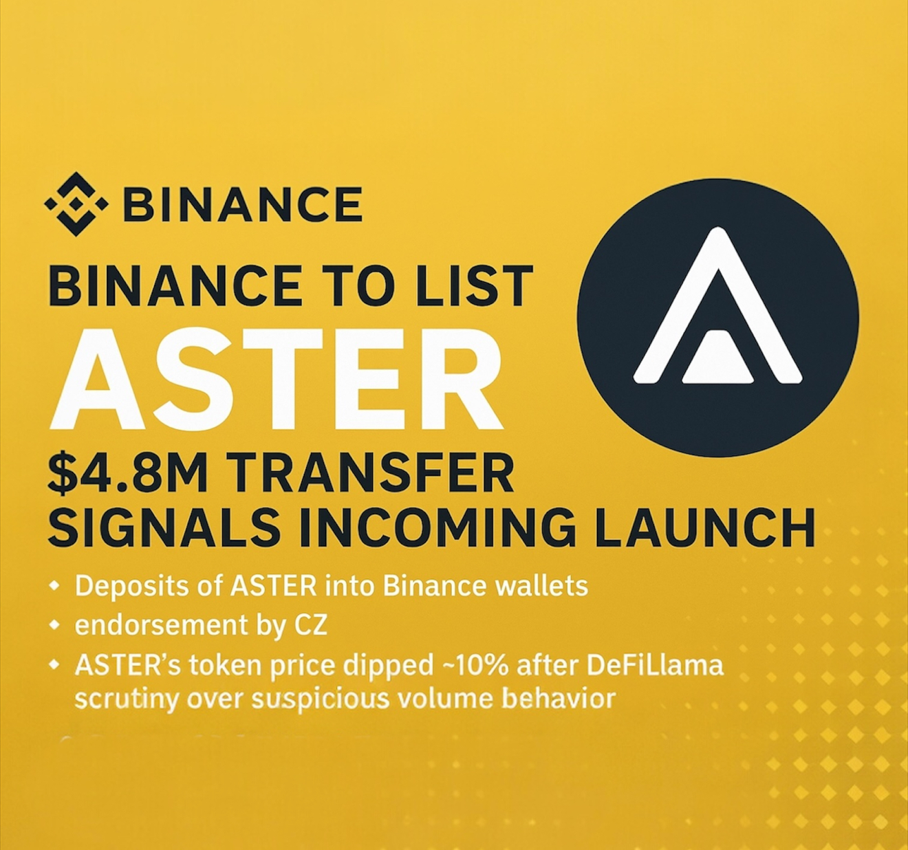 Binance lists ASTER — $4.8M on-chain signal, CZ praise, then DeFiLlama alarm