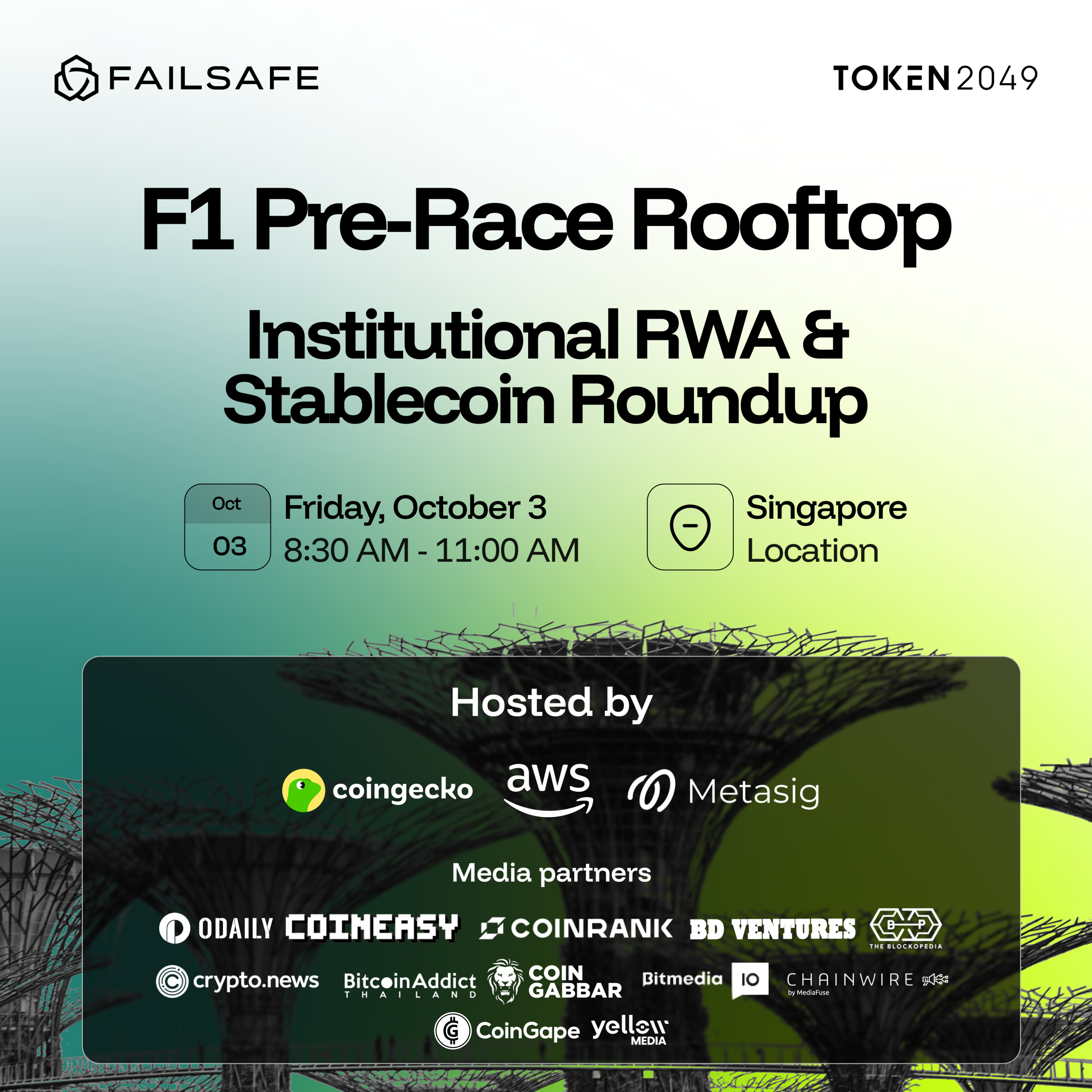 FailSafe, CoinGecko, Metasig & AWS Announce F1 Pre-Race Rooftop Breakfast at TOKEN2049 Singapore