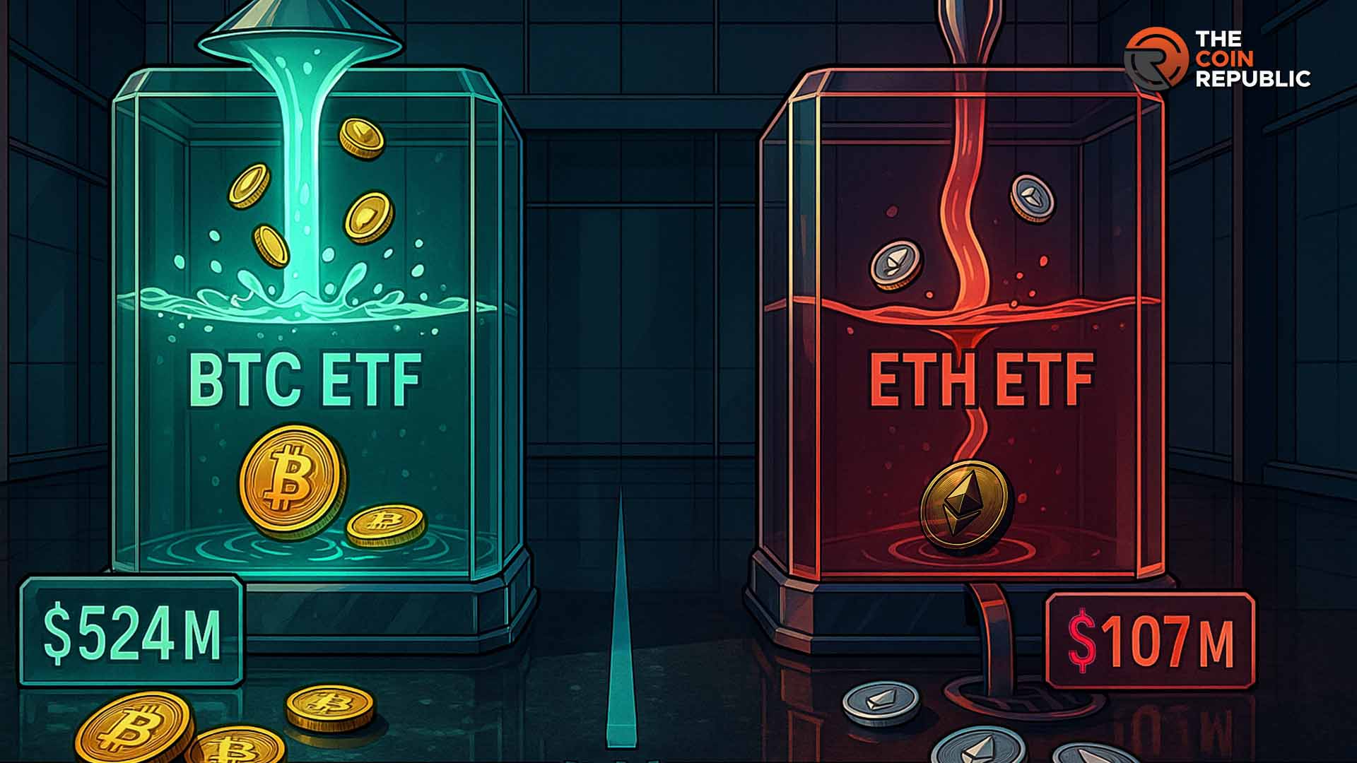 Bitcoin ETF Inflows Surge to $524M While Ethereum ETF Face $107M Outflows