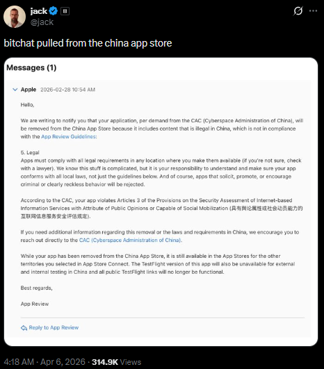 Crypto News: Apple Removes Jack Dorsey’s Bitchat on China’s Orders